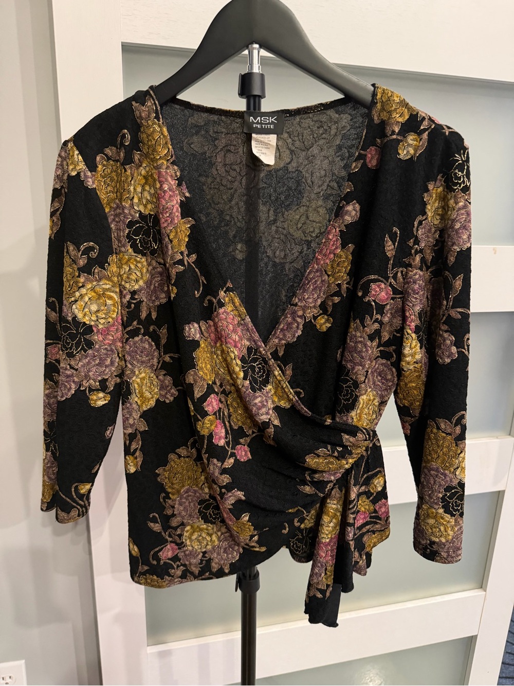 MSK Black Floral Wrap Blouse with Gold & Pink Blossoms